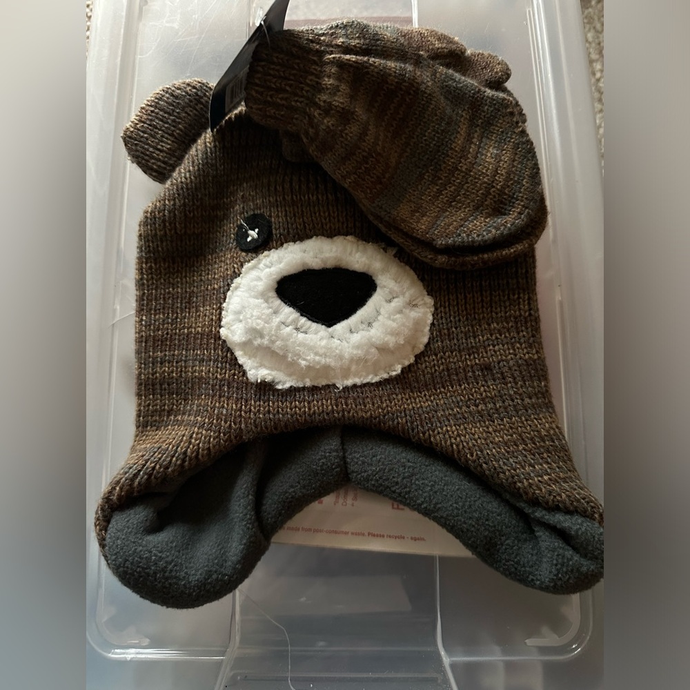 Brown Bear Knit Hat and Mittens Set